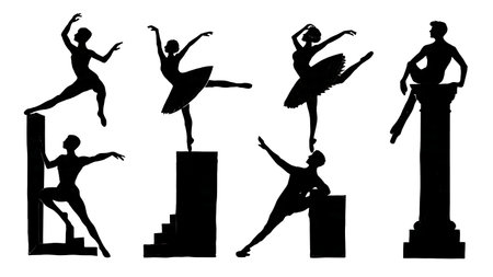 Collection of Six Ballet Dancers with Architectural Elements isolated on plain white background.のイラスト素材