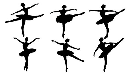 Black Solid Corps de Ballet Synchronized Formation Silhouettes isolated on plain white background.のイラスト素材
