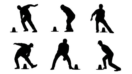 Cricket Bowling Accuracy Training Drill Silhouettes Set of Six isolated on plain white background.のイラスト素材