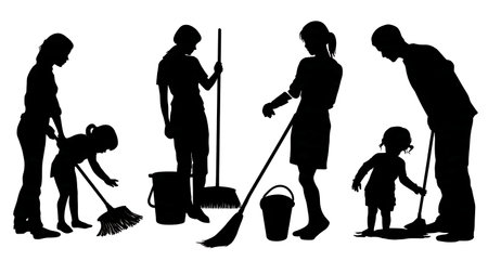 Family Cleaning Together Silhouettes Set of Six isolated on plain white background.のイラスト素材
