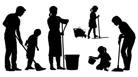 Family Cleaning Together Silhouettes Set of Six isolated on plain white background.のイラスト素材