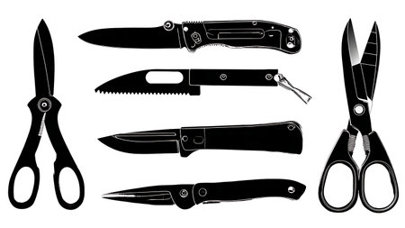 Garden Utility Knives and Cutters Black Solid Silhouettes Pack isolated on plain white background.のイラスト素材
