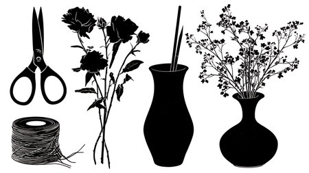 Floral Arrangement and Florist Tools Black Solid Silhouettes Set isolated on plain white background.のイラスト素材