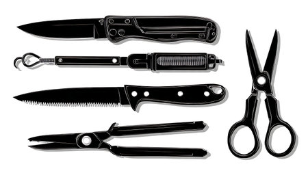 Garden Utility Knives and Cutters Black Solid Silhouettes Pack isolated on plain white background.