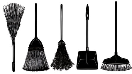 Outdoor Brooms and Brushes Black Solid Silhouettes Pack of Six isolated on plain white background.のイラスト素材