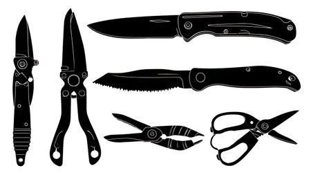 Garden Utility Knives and Cutters Black Solid Silhouettes Pack isolated on plain white background.のイラスト素材