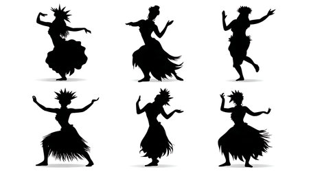 Graceful Hawaiian Hula Dancer Silhouettes on White Background isolated on plain white background.のイラスト素材