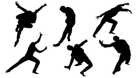 Set of Six Improvising and Spontaneous Dancer Silhouettes isolated on plain white background.のイラスト素材
