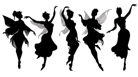 Mythical Nymph and Sylph Ballet Character Silhouettes isolated on plain white background.のイラスト素材