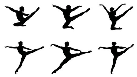 Set of Six Grand Tour JetÃÂ© (Turning Leap) Silhouettes isolated on plain white background.のイラスト素材