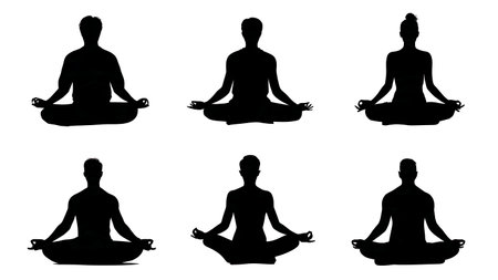 Simple Half-Lotus Pose (Ardha Padmasana) Silhouettes isolated on plain white background.のイラスト素材