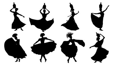 Paraguayan Bottle Dance Balancing Act Silhouettes isolated on plain white background.のイラスト素材