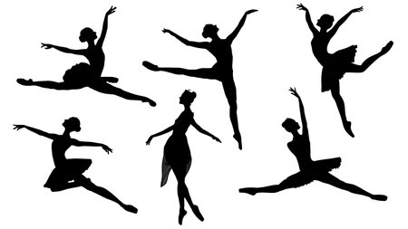 Dynamic Grand JetÃÂ© Ballet Leap Silhouettes in Solid Black isolated on plain white background.のイラスト素材