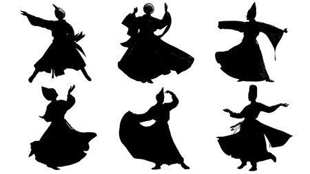 Historical Icelandic Vikivaki Circle Dance Silhouettes isolated on plain white background.のイラスト素材