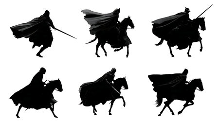 Solid Black Knight with Dramatic Flowing Cape Silhouettes isolated on plain white background.のイラスト素材