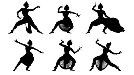 Expressive Indian Odissi Classical Dancer Silhouettes isolated on plain white background.のイラスト素材