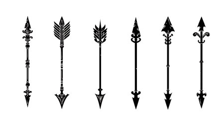 Medieval and Fantasy Hand-Drawn Arrow Silhouettes isolated on plain white background.のイラスト素材