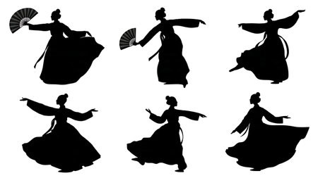Spectacular Korean Buchaechum Fan Dancer Silhouettes isolated on plain white background.のイラスト素材