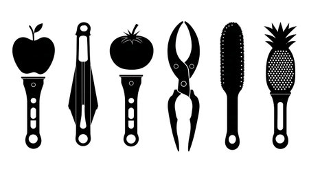 Harvest Processing Kitchen Tools Black Solid Silhouettes Assortment isolated on plain white background.のイラスト素材
