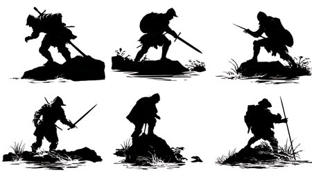 Set of Six Knight Navigating Rough Terrain Silhouettes in Black isolated on plain white background.のイラスト素材
