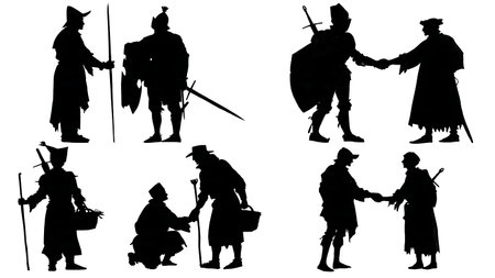 Six Silhouettes of Knights Interacting with Common Folk in Black isolated on plain white background.のイラスト素材