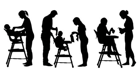 Cleaning a Baby's High Chair Silhouettes Set of Six isolated on plain white background.のイラスト素材