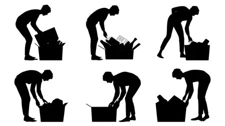 Organizing a Junk Drawer Silhouettes Set of Six isolated on plain white background.のイラスト素材