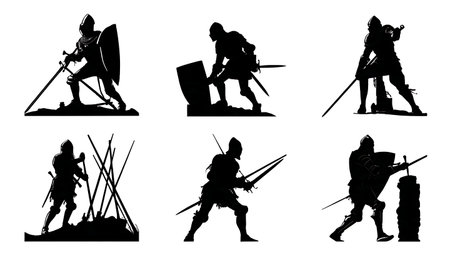 Black Silhouettes of Knights Building Fortifications isolated on plain white background.のイラスト素材