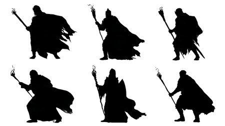 Solid Black Knight with Torch Exploring Dungeon Silhouettes isolated on plain white background.のイラスト素材