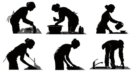 Kitchen Cleaning Activity Silhouettes Collection of Six isolated on plain white background.のイラスト素材