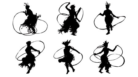 Native American Hoop Dance Storytelling Silhouettes isolated on plain white background.のイラスト素材