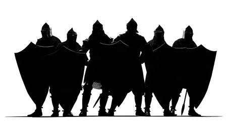 Collection of Six Black Knight in Shield Wall Formation Silhouettes isolated on plain white background.のイラスト素材