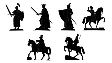Solid Black Knight Playing Chess and Board Games Silhouettes isolated on plain white background.のイラスト素材