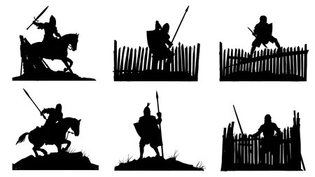 Black Silhouettes of Knights Building Fortifications isolated on plain white background.のイラスト素材