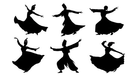 Graceful Malaysian Zapin Dancer Silhouettes isolated on plain white background.のイラスト素材