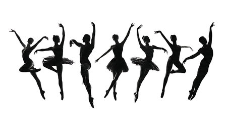 Low Angle Perspective Ballet Dancer Silhouettes Pack of Six isolated on plain white background.のイラスト素材