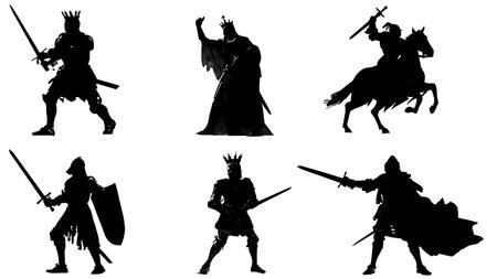 Six Silhouettes of a Knight Surrendering His Sword in Black isolated on plain white background.のイラスト素材