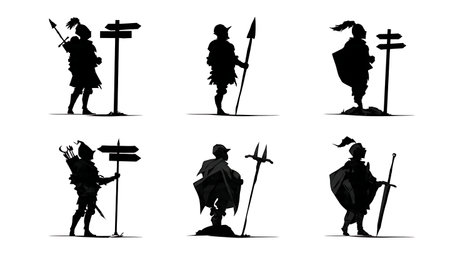Black Solid Knight-Errant at a Crossroads Silhouette Collection isolated on plain white background.のイラスト素材