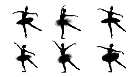 Six Pirouette Turn Motion Capture Silhouettes in Solid Black isolated on plain white background.のイラスト素材