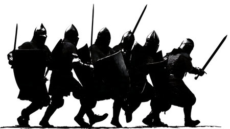 Collection of Six Black Knight in Shield Wall Formation Silhouettes isolated on plain white background.のイラスト素材