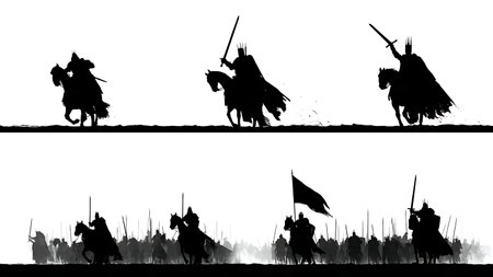 Black Silhouettes of a Knight's Heroic Last Stand Against a Horde isolated on plain white background.のイラスト素材