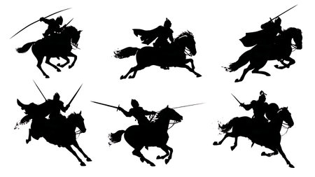 Black Solid Knight Infantry Charge Wave Silhouette Collection isolated on plain white background.のイラスト素材