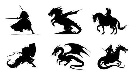 Knight and Dragon Interaction Silhouette Pack in Solid Black isolated on plain white background.のイラスト素材