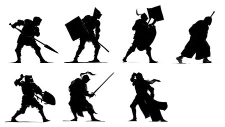 Knights Breaching Door and Gate Silhouette Pack in Solid Black isolated on plain white background.のイラスト素材