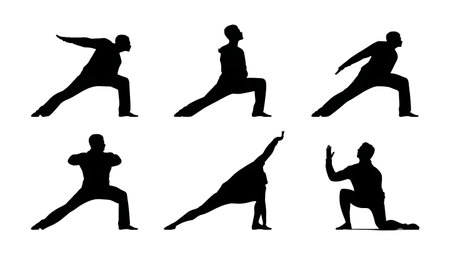 Simple Revolved Lunge Pose Yoga Silhouettes isolated on plain white background.のイラスト素材