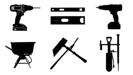 Tools for Building Raised Garden Beds Black Solid Silhouettes Set isolated on plain white background.のイラスト素材