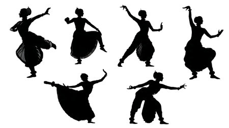 Expressive Indian Odissi Classical Dancer Silhouettes isolated on plain white background.のイラスト素材