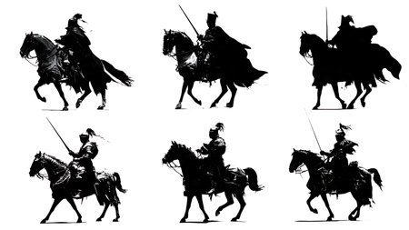 Six Silhouettes of Knights on a Naval Ship in Black isolated on plain white background.のイラスト素材