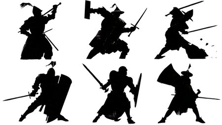Knights Breaching Door and Gate Silhouette Pack in Solid Black isolated on plain white background.のイラスト素材