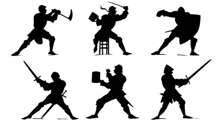 Set of Six Knight in a Tavern Brawl Silhouettes in Solid Black isolated on plain white background.のイラスト素材